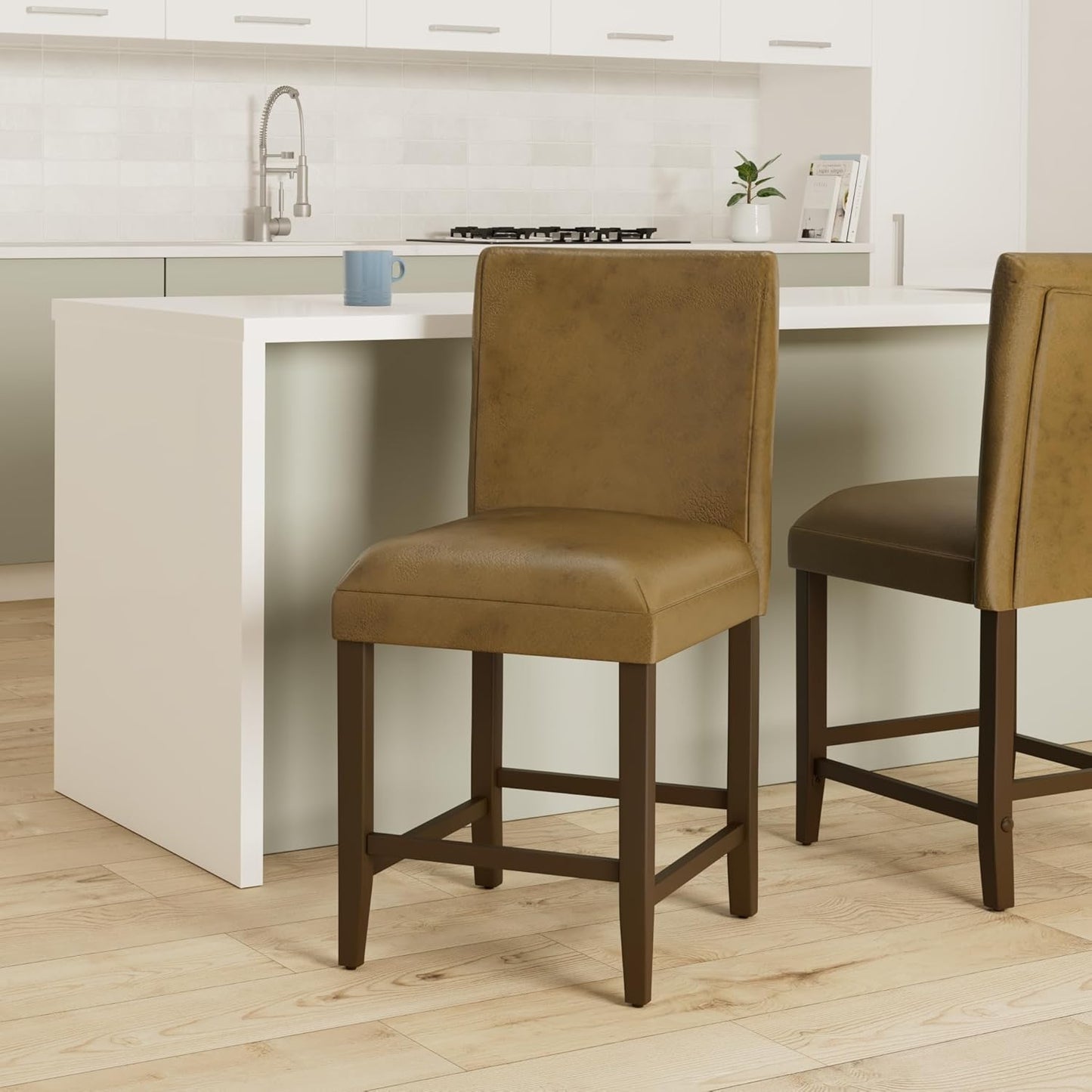 HomePop by Kinfine Fabric Upholstered Parsons Leatherette Counter Height Barstool Chair - 24-Inch, Distressed Brown Faux Leather(Single Pack)