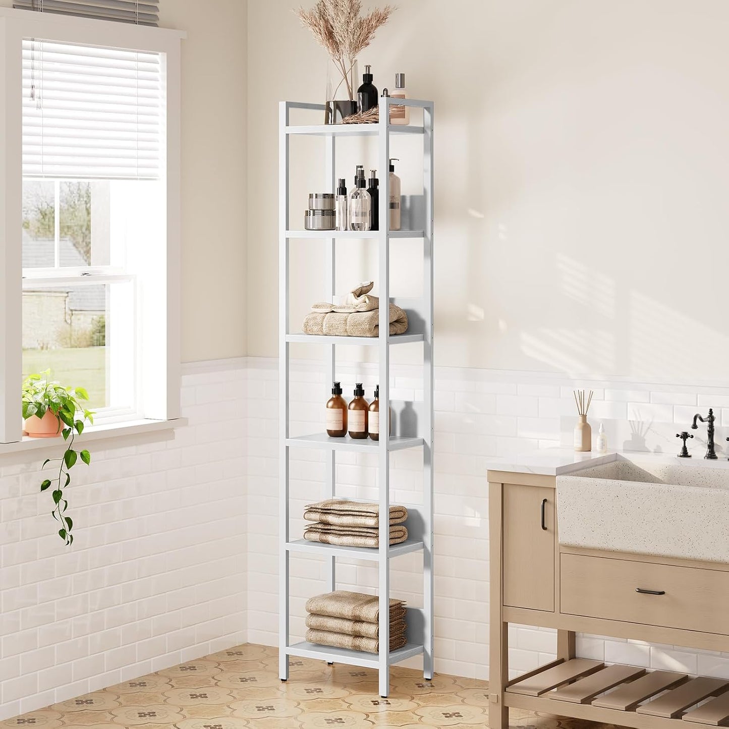 Bookshelf, 6-Tier Bookcase, Standing Book Shelf for Small Space, Storage Shelf Organizer, for Living Room, Bedroom, Study, Balcony, White BKBW6601