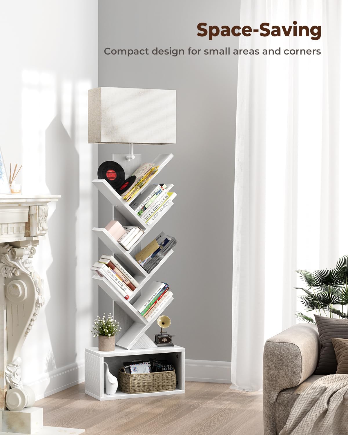 6 Tier Tree Bookshelf with Light, Narrow Bookcase Tower, Tall Floor Standing Book Shelf Organizer with Storage Cabinet for Living Room, Bedroom and Home Office, White