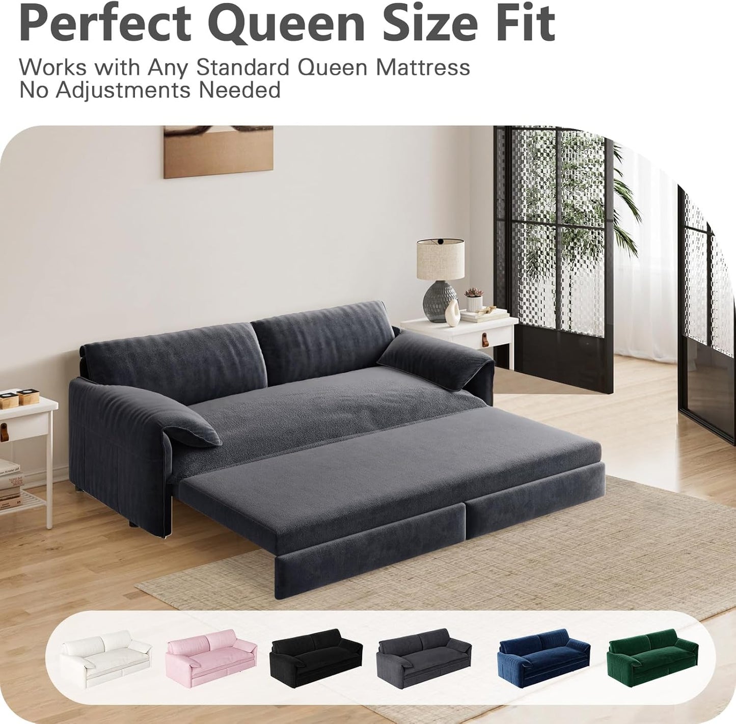 66" Queen Size Pull Out Couch Bed Convertible Sleeper Loveseat Sofa Velvet Futon Sofá Bed Oversized 3 in 1 Pullout Sofa&Couch for Side Storage and Soft Armrest for Living Room, Office, Apartment, RV