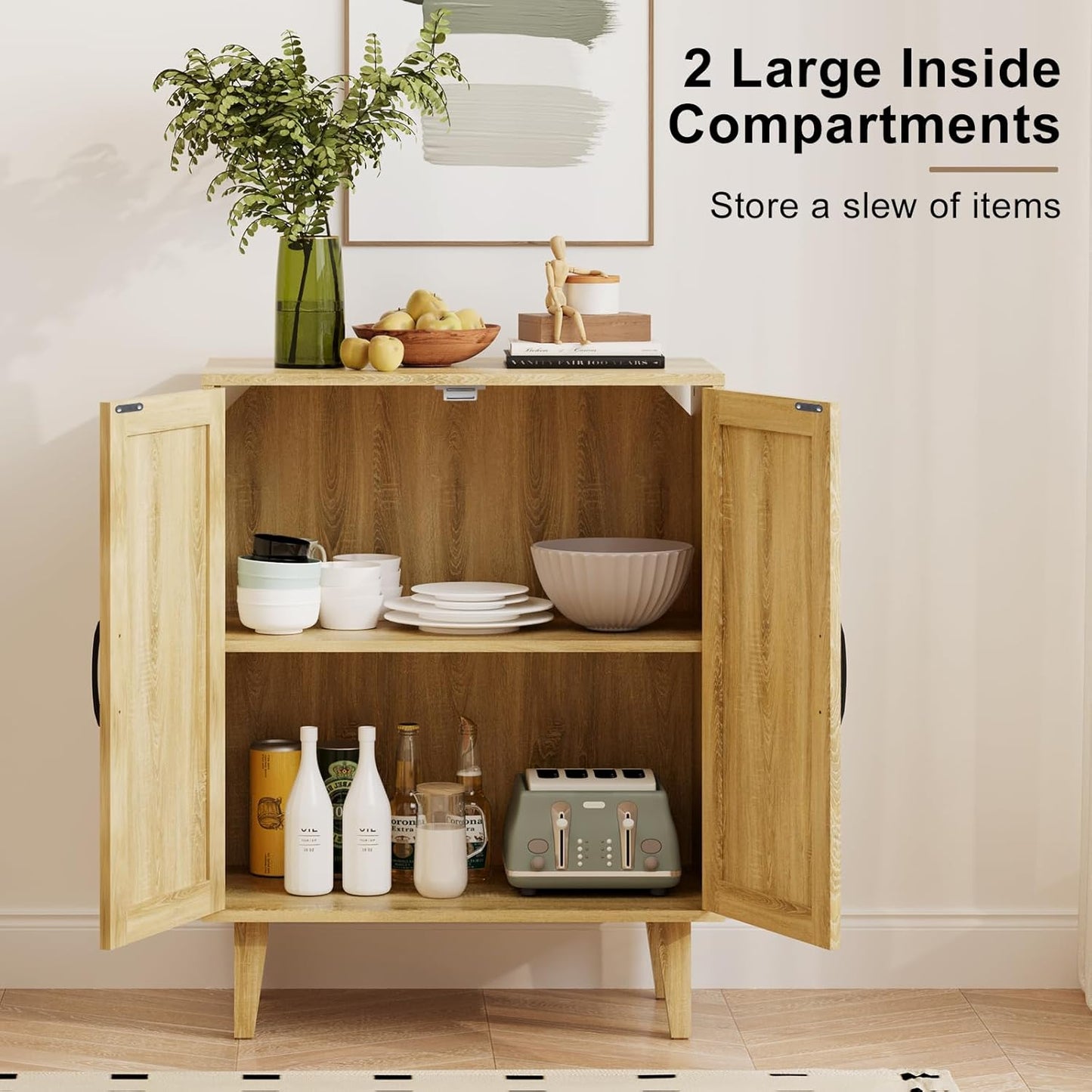 Rattan Decorated Buffet Cabinet - 2 Doors Simple Style Storage Cabinet, Shoe Cabinet with Adjustable Shelves, Sideboard for Kitchen, Living Room, Hallway, Entryway (Natural Wood)