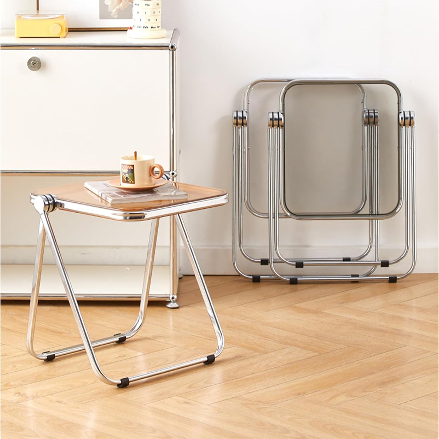 16.2" × 14.1" Acrylic Folding Table, Small Lightweight End Table for Living Room, Bedroom and Small Room, Sturdy Metal Frame with No Assembly Required, Space-Saving Storage Design (Tawny)