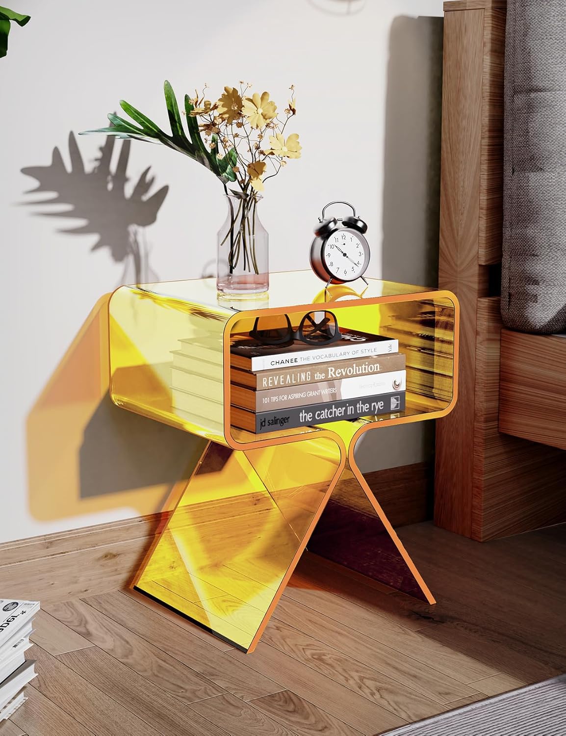 Acrylic Nightstand Side Table Modern Design Clear Home Decor Display End Table for Living Room (Yellow)