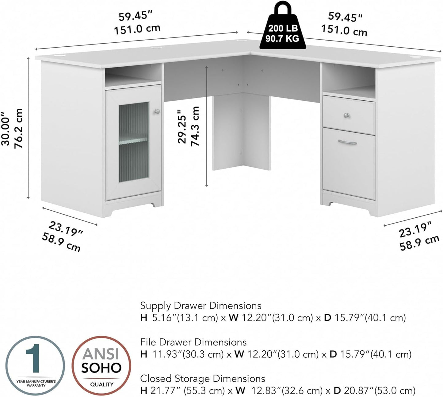 Bush Furniture Cabot L Shaped Computer Desk in White | Corner Table with Drawers and Storage for Personal Home Office Workspace