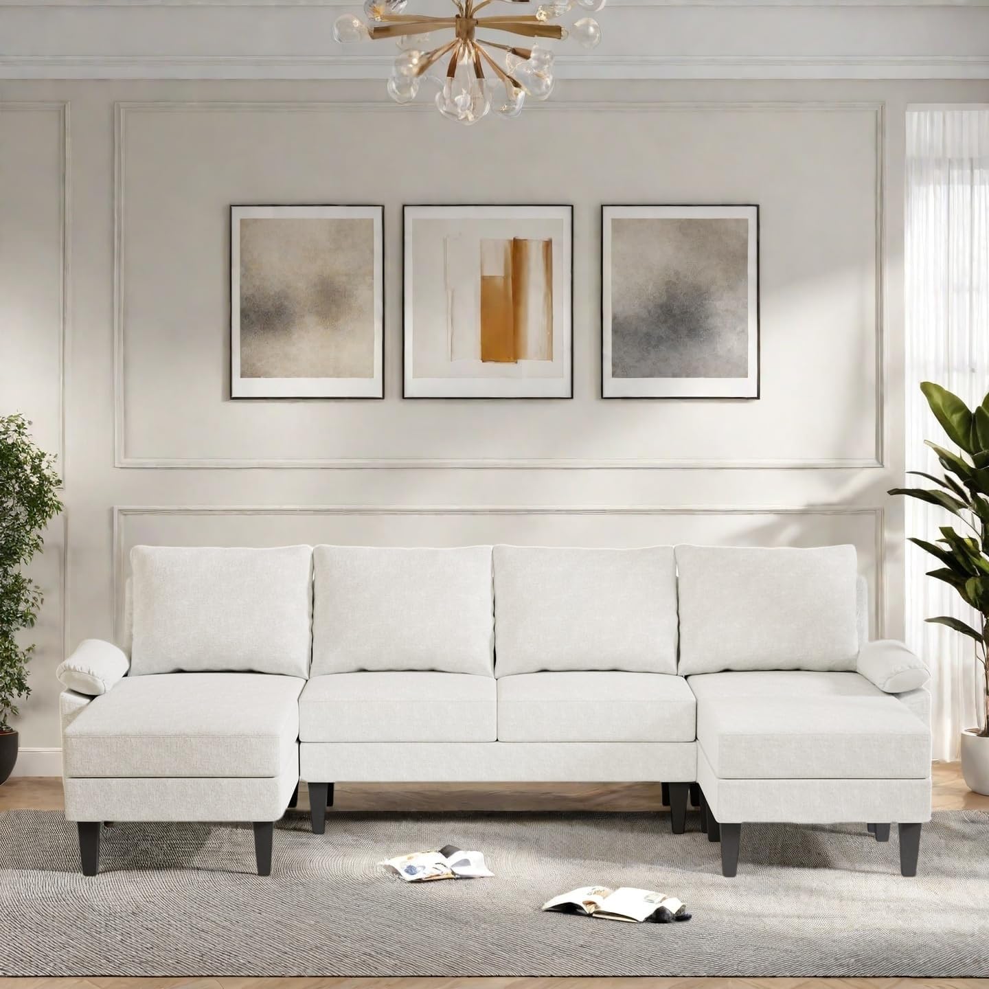 115 Inch U Shaped Sectional Couch with Chaise, 5-Seat Sofa with Moveable Ottoman, Modern Modular Sofa for Living Room, Apartment, Off-White