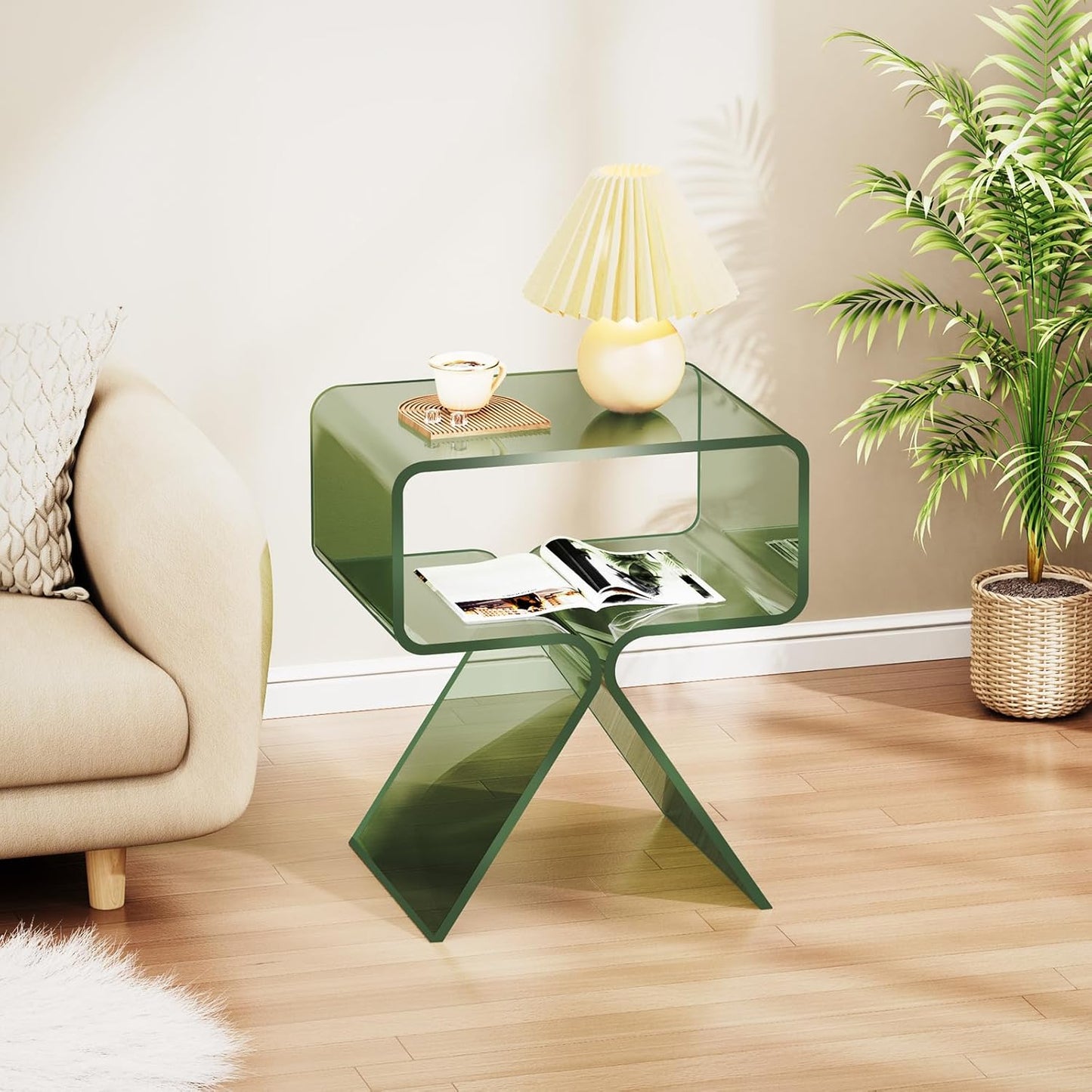 Acrylic Nightstand Side Table Modern Design Clear Home Decor Display End Table for Living Room (Green)