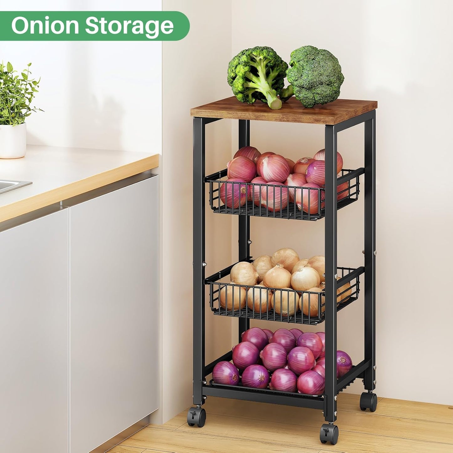 SNTD Fruit Basket Vegetable Stand for Kitchen Pantry, Pull Out Metal Wire Basket with Wood Top for Fruit Vegetable Onions Potatoes Snacks