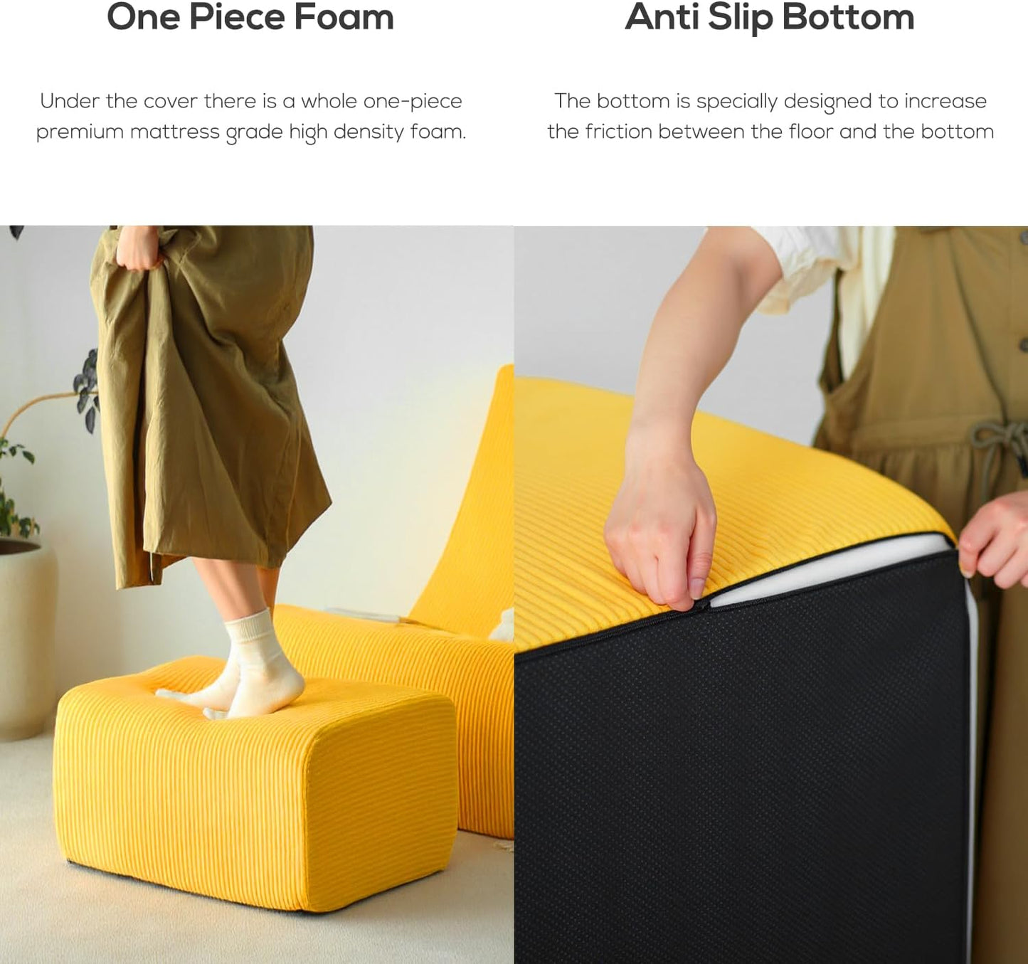 N&V Bean Bag Chair Single Seated Foam Sofa Armless Floor Sofa with High Density Foam Removable and Machine Washable Cover (Burnt Yellow, Large, Corduroy Stripes)