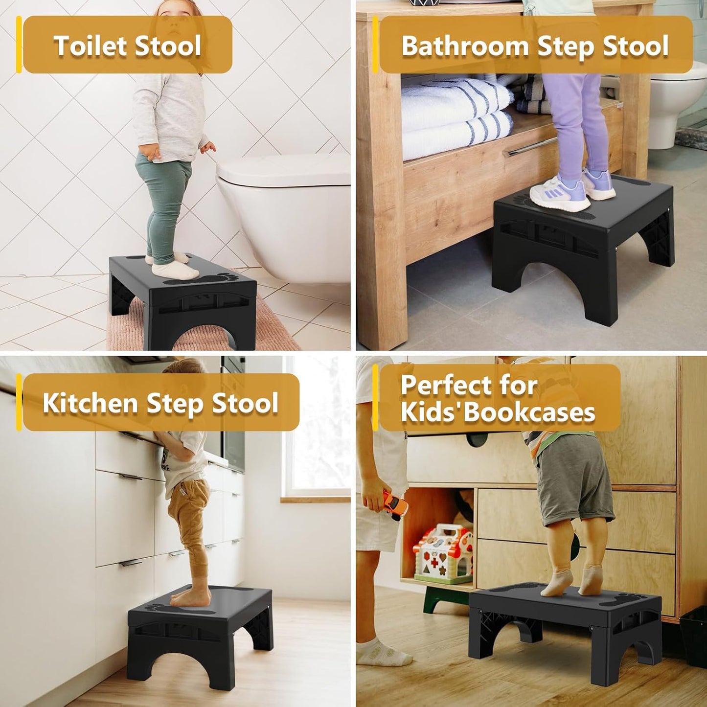 Step Stool Foldable for Adults Kids, Heavy Duty Non-Slip Folding Stepping Stool with 400-LBS Capacity, Portable Collapsible Foot Stool for Bathroom Bedroom Kitchen, Bed Steps for High Beds, Black