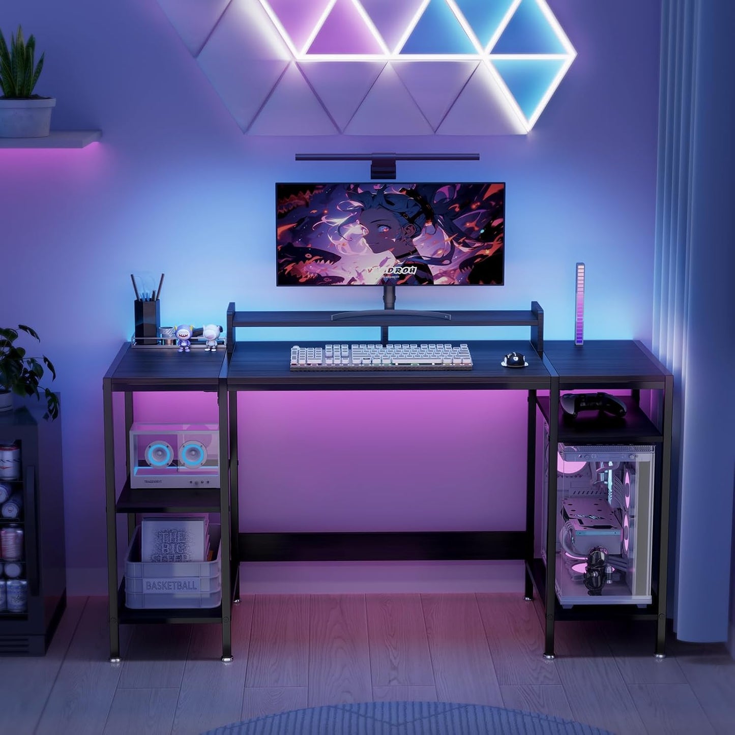 Computer Desk Gaming Desk with Monitor Stand, Home Office Desk Suitable for 2 Monitors, Writing Desk with Adjustable Storage Space,Sturdy and Durable Modern Small Desk (Black, 55 inchs)