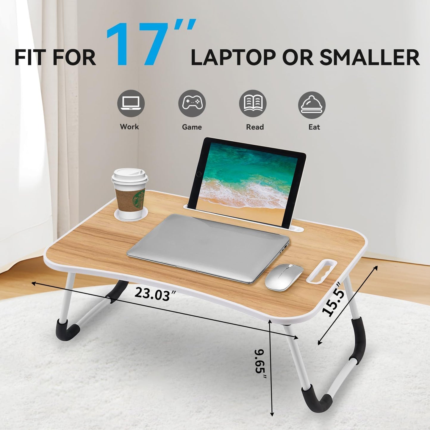 BUYIFY Folding Lap Desk, 23 Inch Portable Wood Yellow Laptop Bed Desk Lap Desk with Cup Holder, for Working Reading Writing, Eating, Watching Movies for Bed Sofa Couch Floor