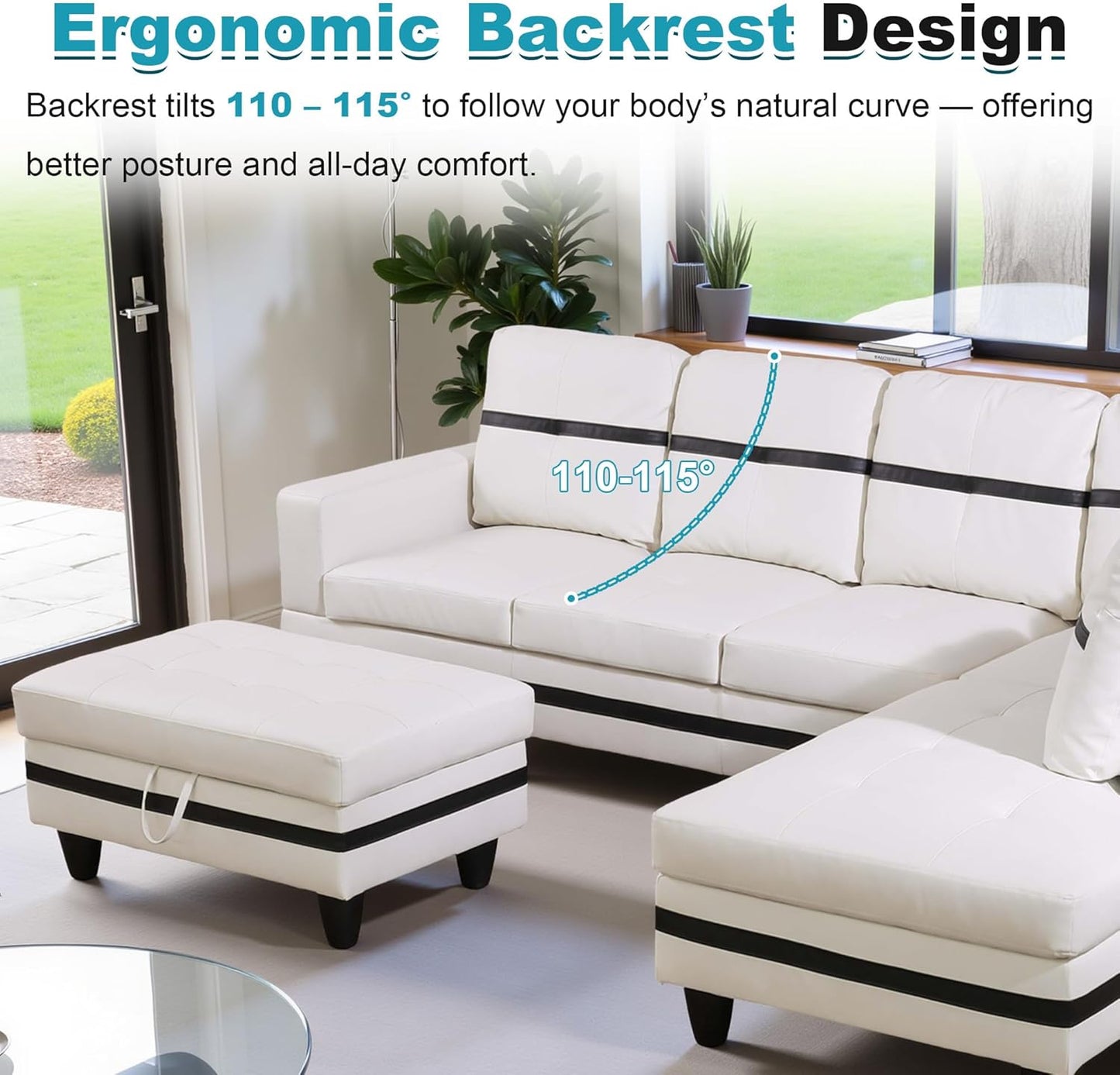 103.5" Oversized Sectional Couch, L Shaped Couch with Storage Ottoman, Modern Modular Sofa with Deep Seat, Sectional Couches for Living Room and Office, White and Black (PU Leather)