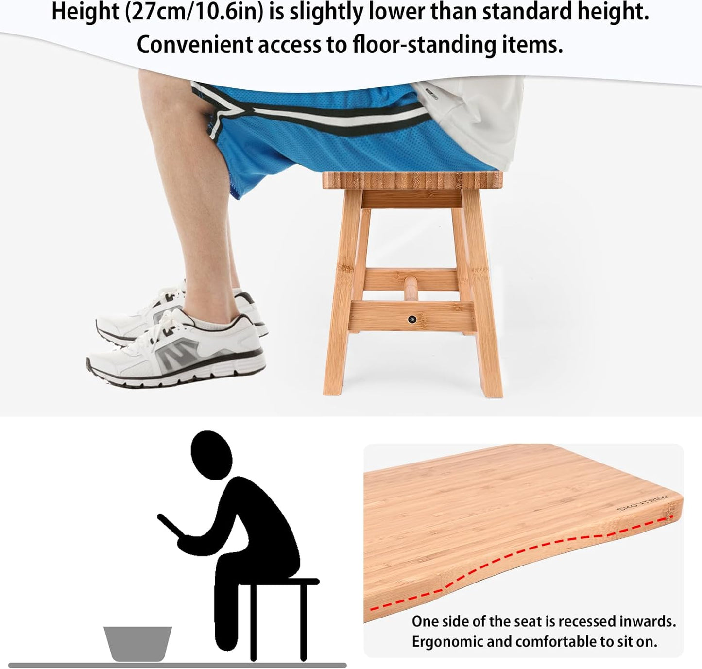 Bamboo Step Stool for Kids Adults Bathroom, 10 Inch One Step Stool You Can Sit On for Bedroom and Kitchen (Medium).