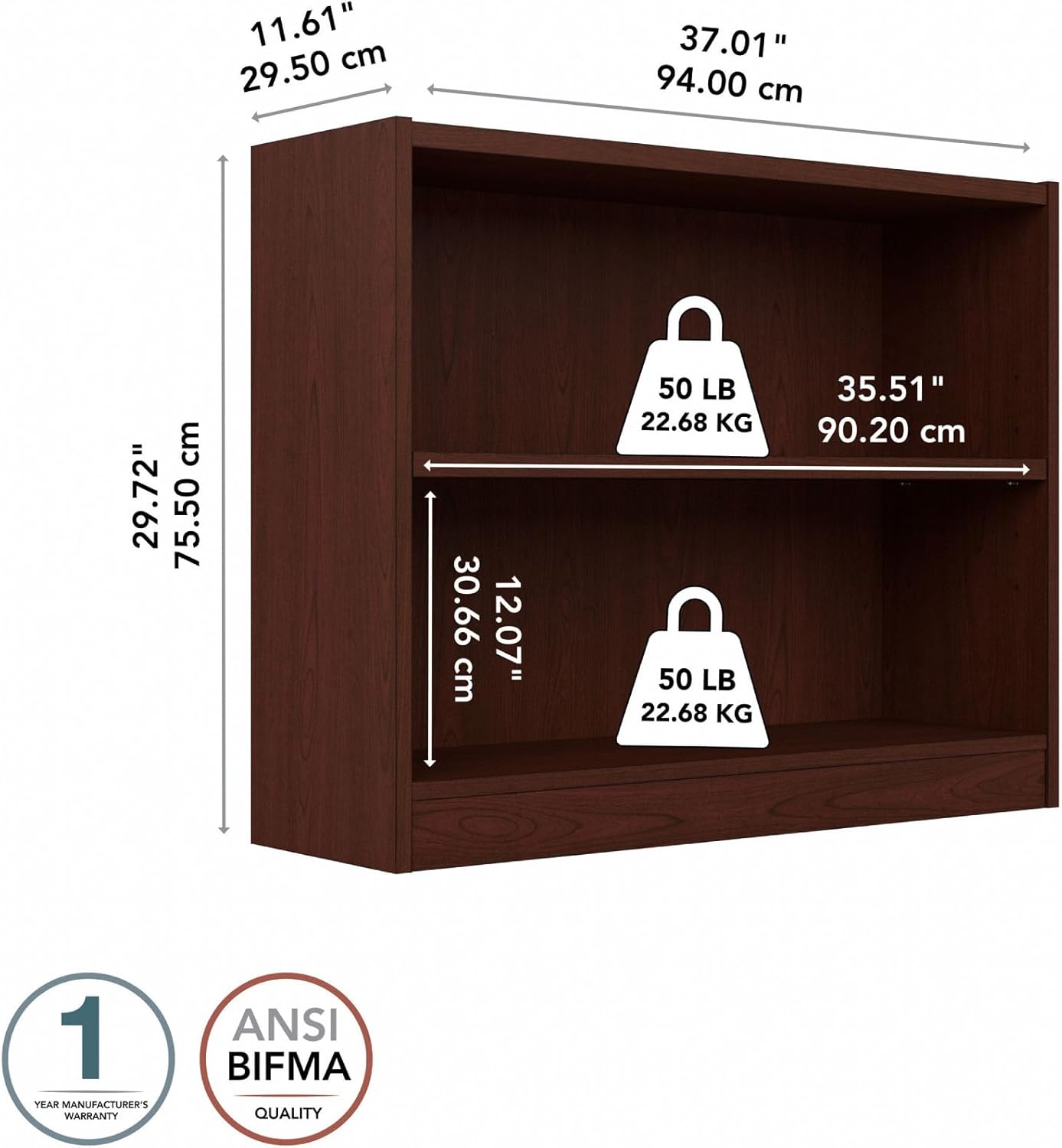 Bush Furniture Universal Bookcase, Low Storage and Display Bookshelf for Home Office or Living Room Organization, 2 Shelf, Vogue Cherry