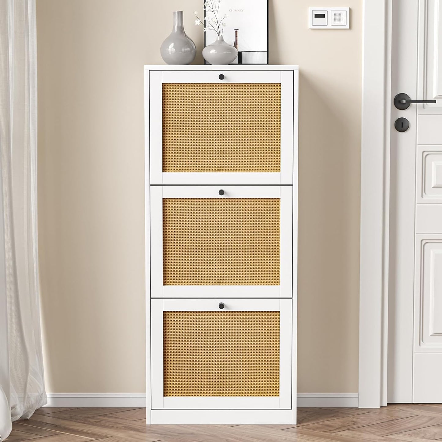 Rattan Shoe Cabinet with 3 Flip Drawers,Narrow Shoe Rack Cabinet with Adjustable Shelves,3 Tier Shoe Storage Organizer for Hallway,Entrance,White