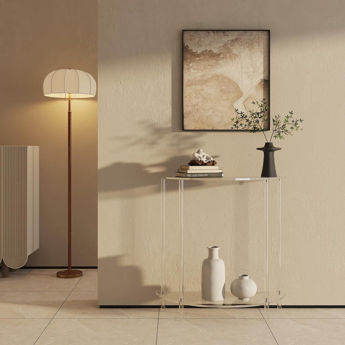 Acrylic Console Table, 2-Tier Half Moon Sofa Couch Table with Storage Shelf, 29.53" Narrow Entryway Table for Bedroom, Living Room, Foyer, Hallway (Clear)