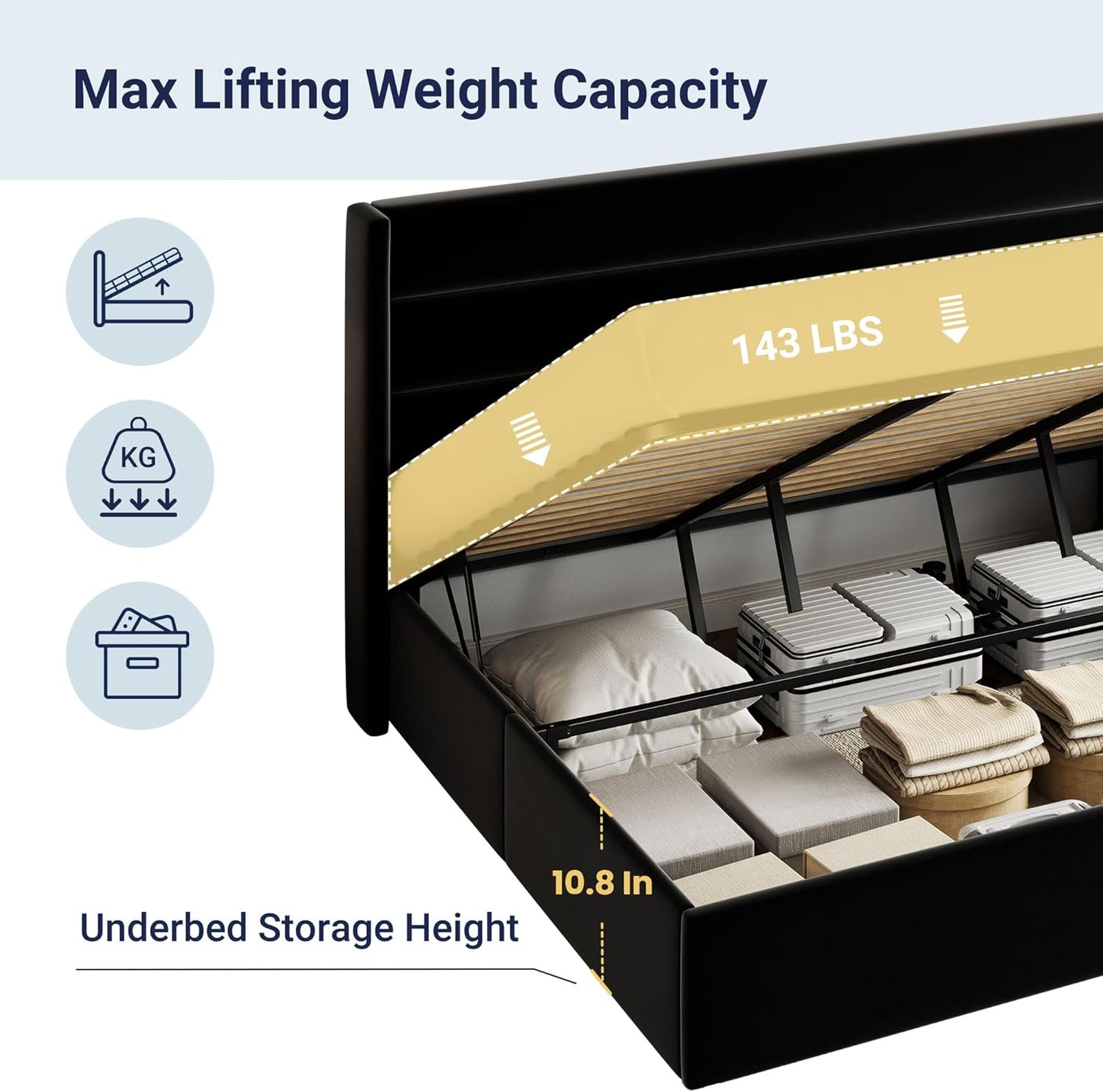 Allewie King Size Velvet Lift Up Storage Bed, Modern Wingback Headboard, Hydraulic Support, No Box Spring Needed, Black