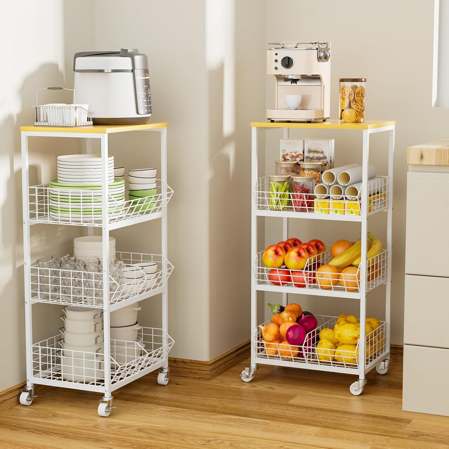 HapiRm Kitchen Fruit Vegetable Cart - 4 Tier Rolling Storage Rack with Wheels and Dividers, Coffee Station Cart Rack Shelf Organizer for Onion, Potato, Snack, Fruit, Vegetable Storage Stand, White