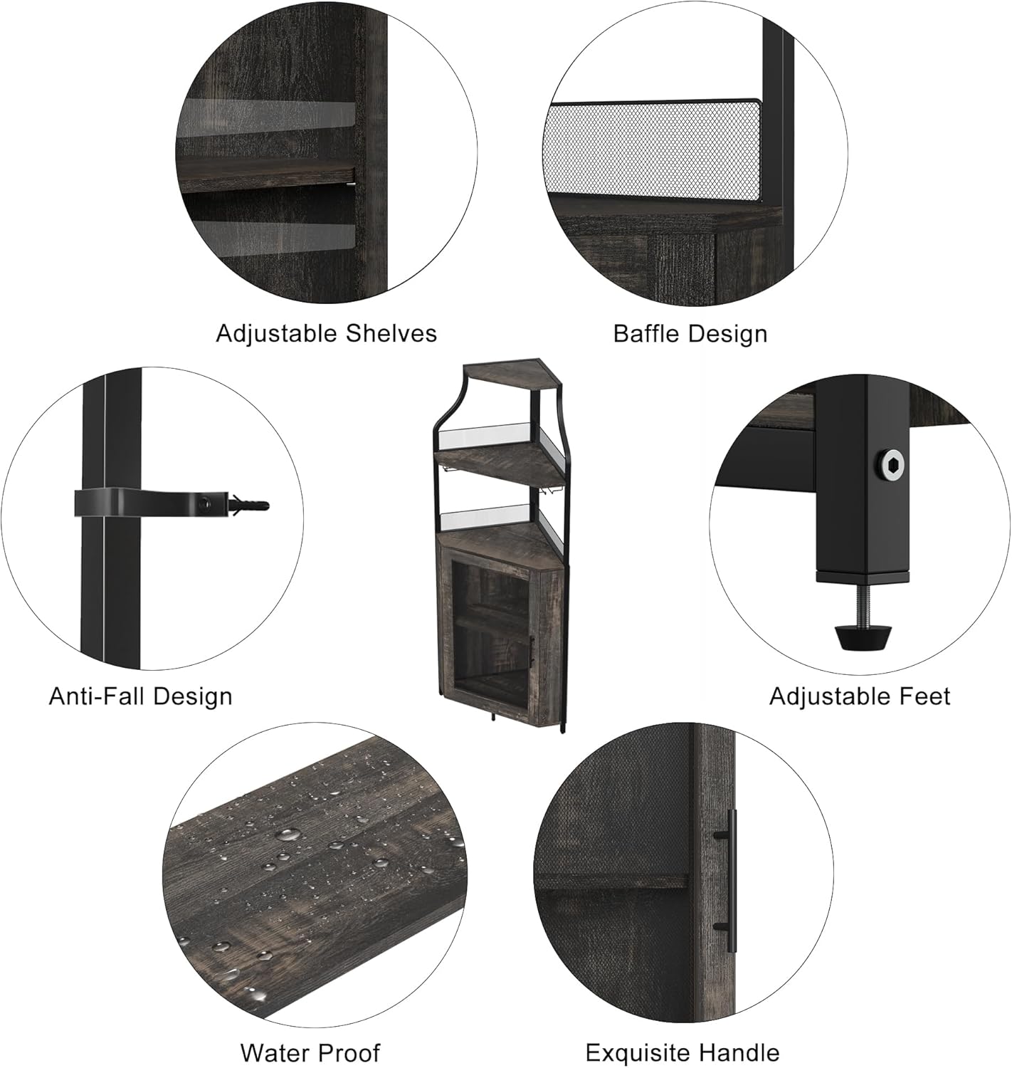 GarveeHome Corner Wine Bar Rack Cabinet with Detachable Wine Rack, Home Bar Cabinet with Barn Door and Adjustable Shelf, Wine Bar Cabinet and Buffet Cabinet with Mesh Door, Fire Wood