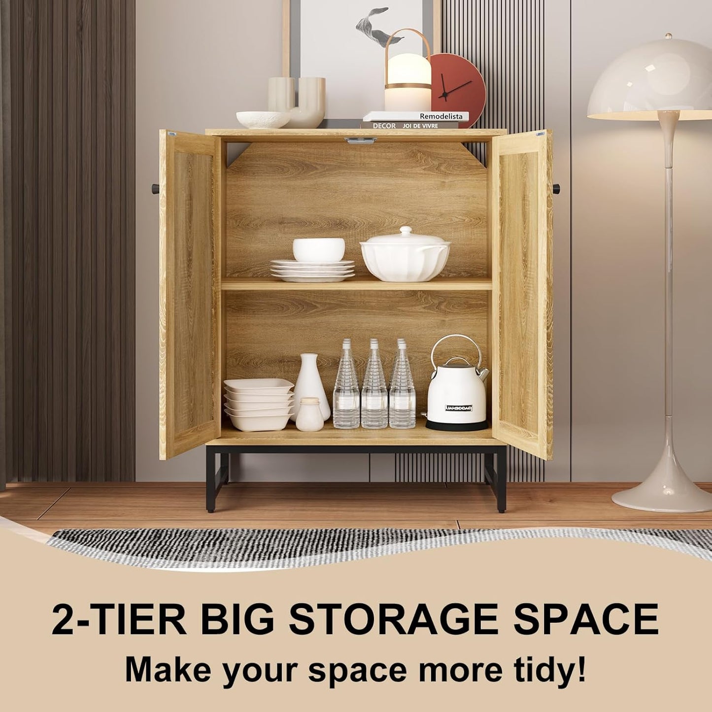 Sideboard Buffet Cabinet, Storage Cabinet with Double Rattan Doors, Modern Rattan Sideboard Cabinet, Kitchen Storage Cabinet with Metal Feet, for Entryway, Bedroom, Living Room (Natural Wood)