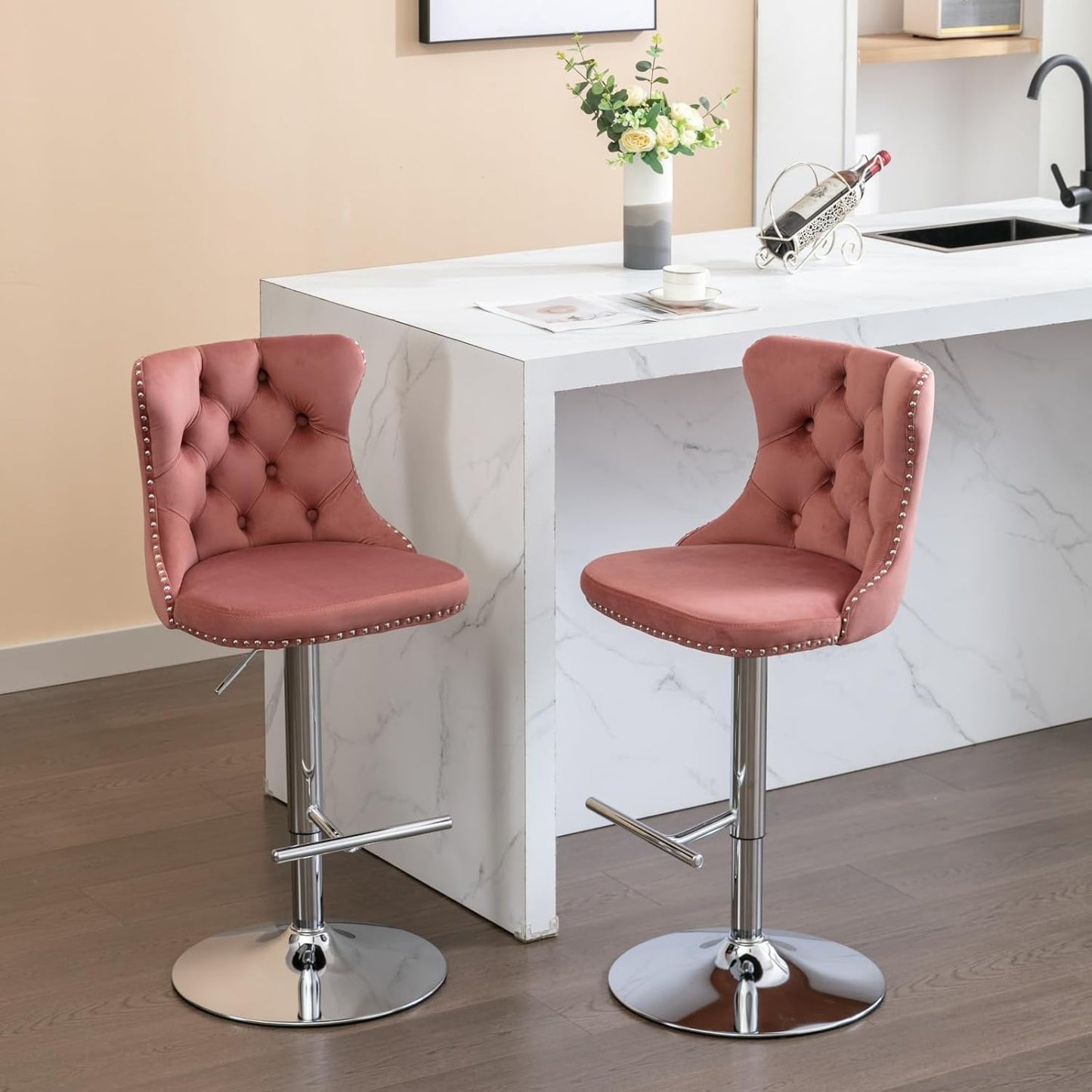 PacknWood Acosure Swivel Velvet Barstools Adjusatble Seat Height from 25-33" with Backs Comfortable Tufted Modern Upholstered Chrome Base Bar Chairs for Home Pub Kitchen,Pink,Set of 2