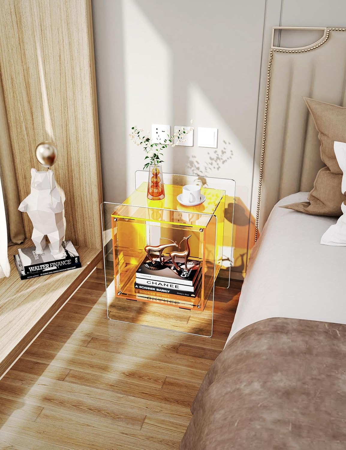 Acrylic Nightstand Colorful Bedside Table with Open Storage Shelf,Clear Side Table for Living Room (1, Yellow)