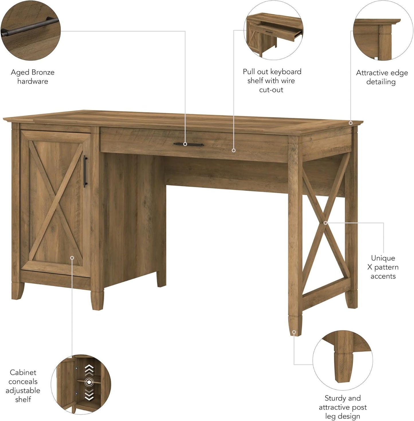 Bush Furniture Key West Computer Desk with Storage Farmhouse PC Table for Home Office in Reclaimed Pine 54W x 24D