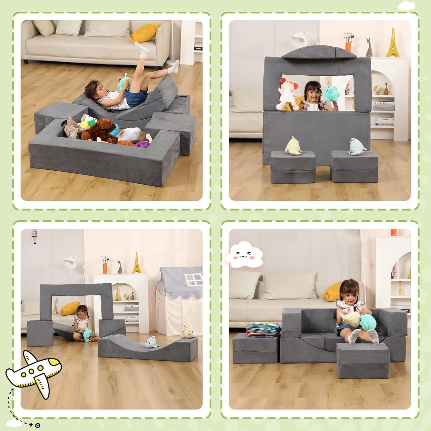 Modular Kids Play Couch, Kids Sofa Toddler Couch, Foam Play Set with Recliner, Toddler Sofa for Creative Boys & Girls, Convertible Foam Climbing Blocks