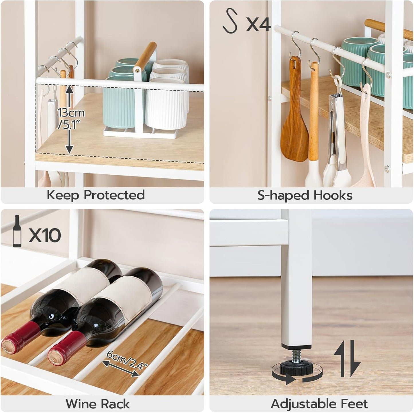 HOOBRO Kitchen Island with Storage, Kitchen Island Table with Power Outlet, 3 Tier Coffee Station and Microwave Stand, for Home, Kitchen and Dining Room, Natural and White WN021ZD01