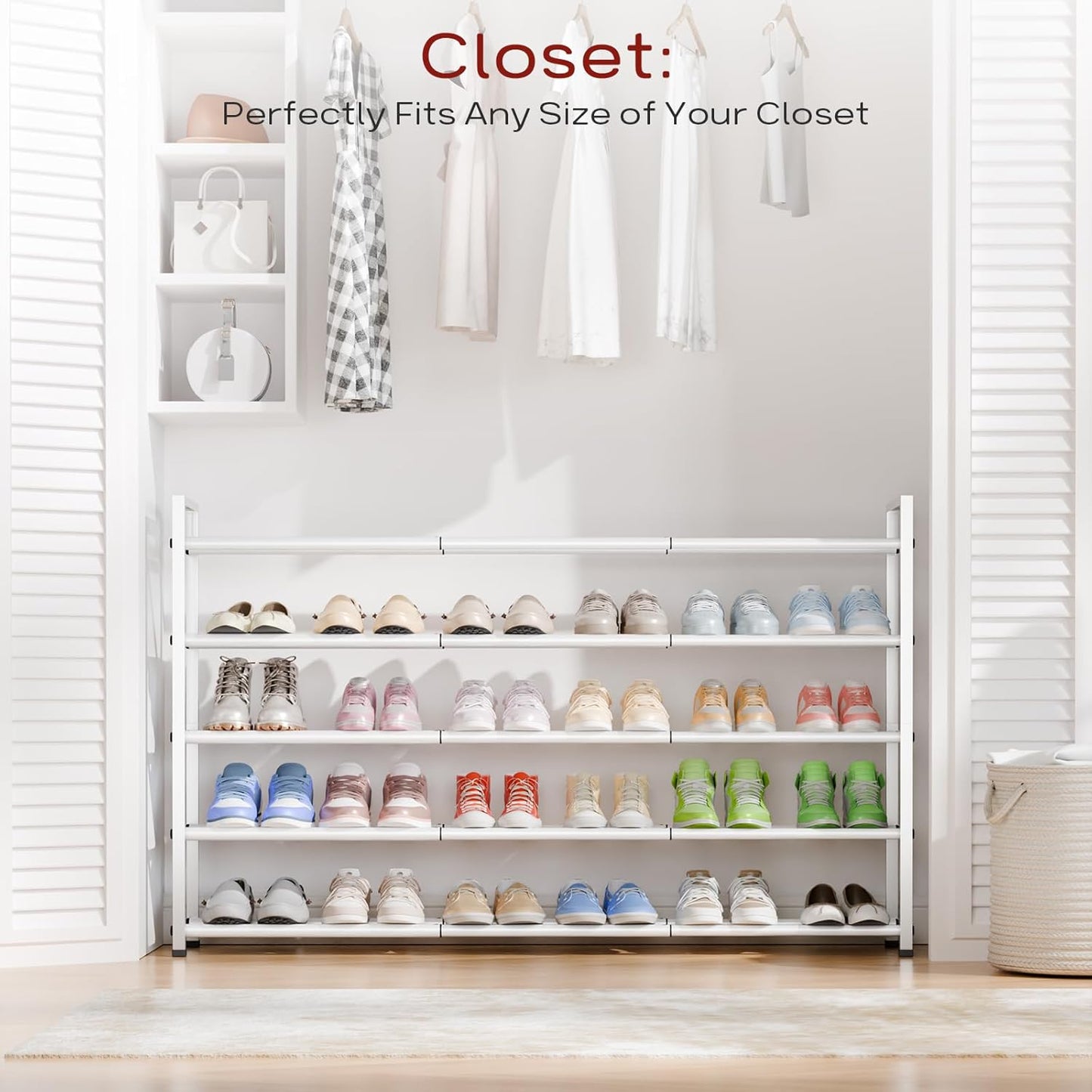 Bumusty 5-Tier Long Expandable Shoe Rack for Closet, 18"-44" Adjustable Shoe Rack for Entryway, 25-30 Pairs Large Shoe Organizer Shelf Storage, Sturdy Metal, White
