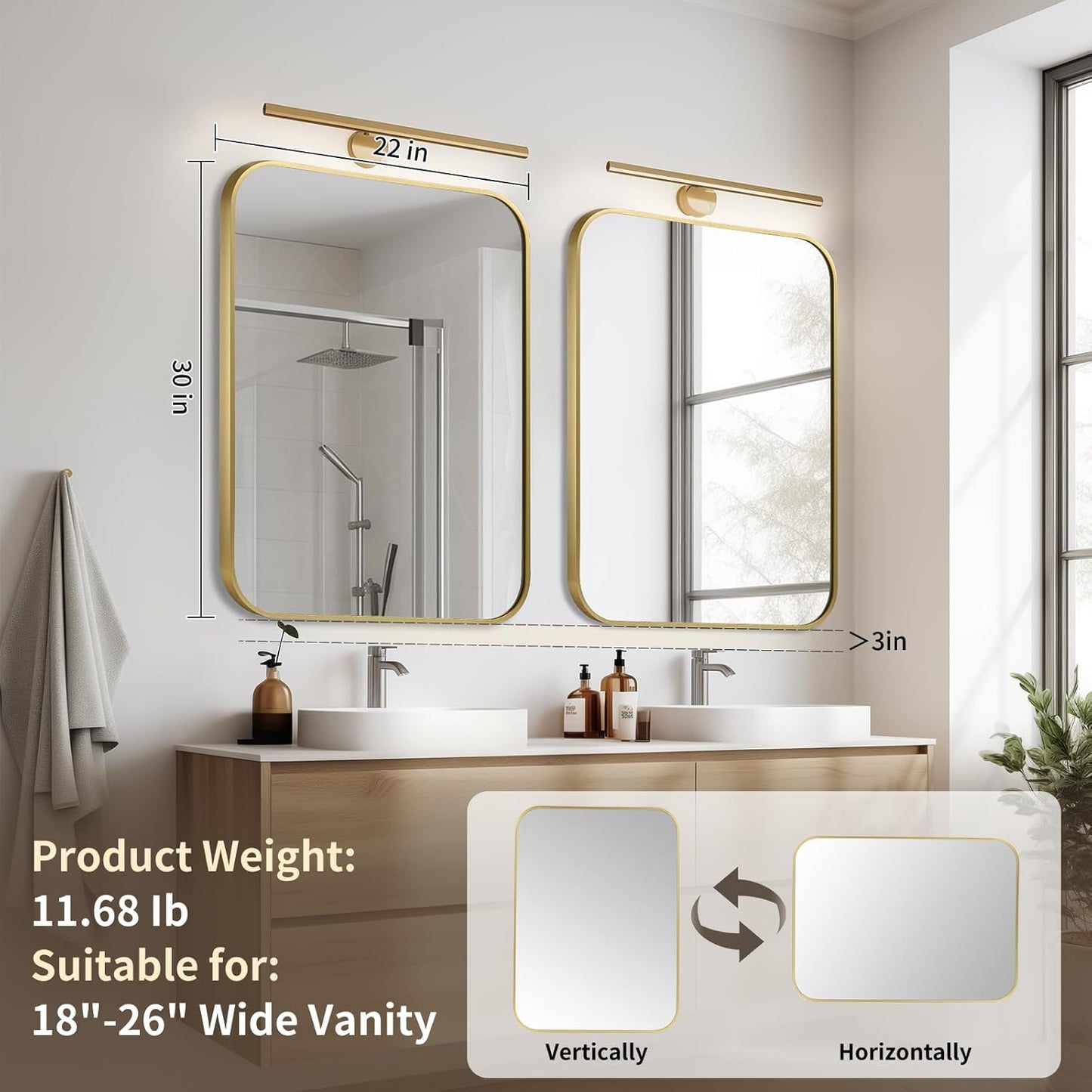 Gold Bathroom Mirror, 22x30 Inch Aluminum Frame Rectangle Mirror, Anti-Rust, Tempered Glass, Wall Mirror for Over Sink, Vanity, Bedroom, Entryway, Horizontal/Vertical