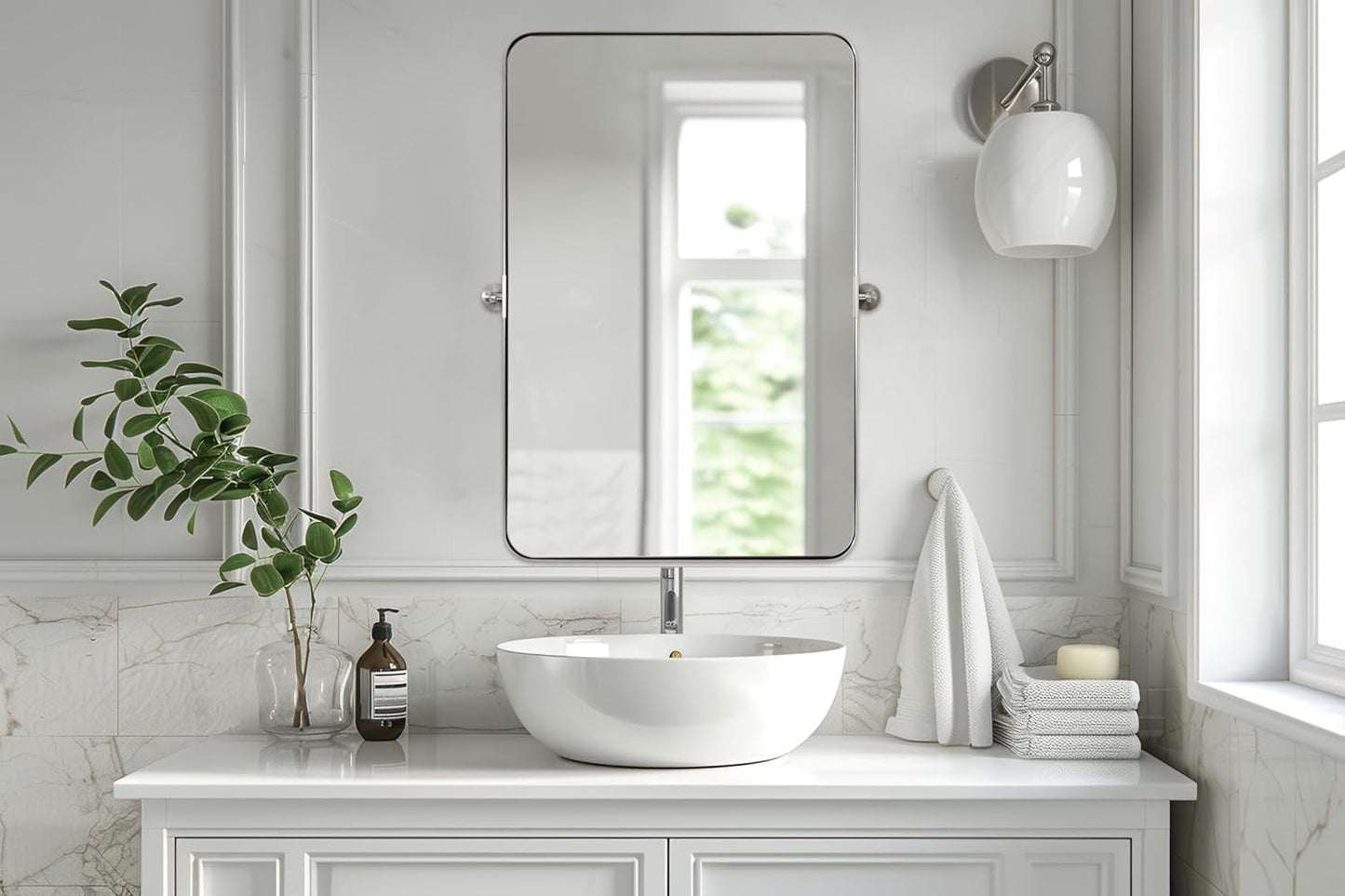 MOON MIRROR Brushed Nickel Pivot Mirror for Bathroom, Tilt Rounded Rectangle Bathroom Vanity, Overall 24.33 x 30 in (Mirror 20x 30 in)