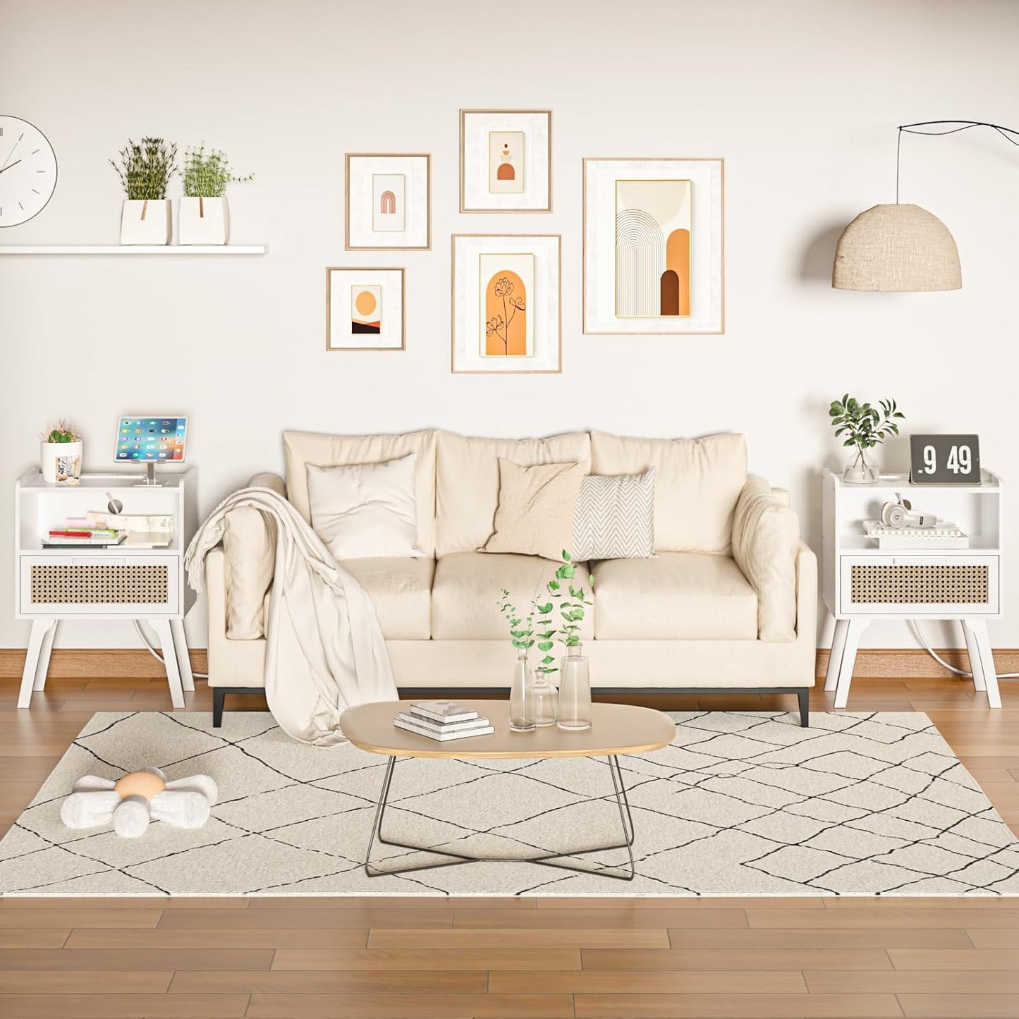 Lerliuo Rattan Nightstands Set of 2 with Charging Station, White Bedside Table with Drawer Open Shelf, Cane Accent Side End Table with Solid Wood Legs, Night Stand for Bedroom, Dorm and Small Spaces