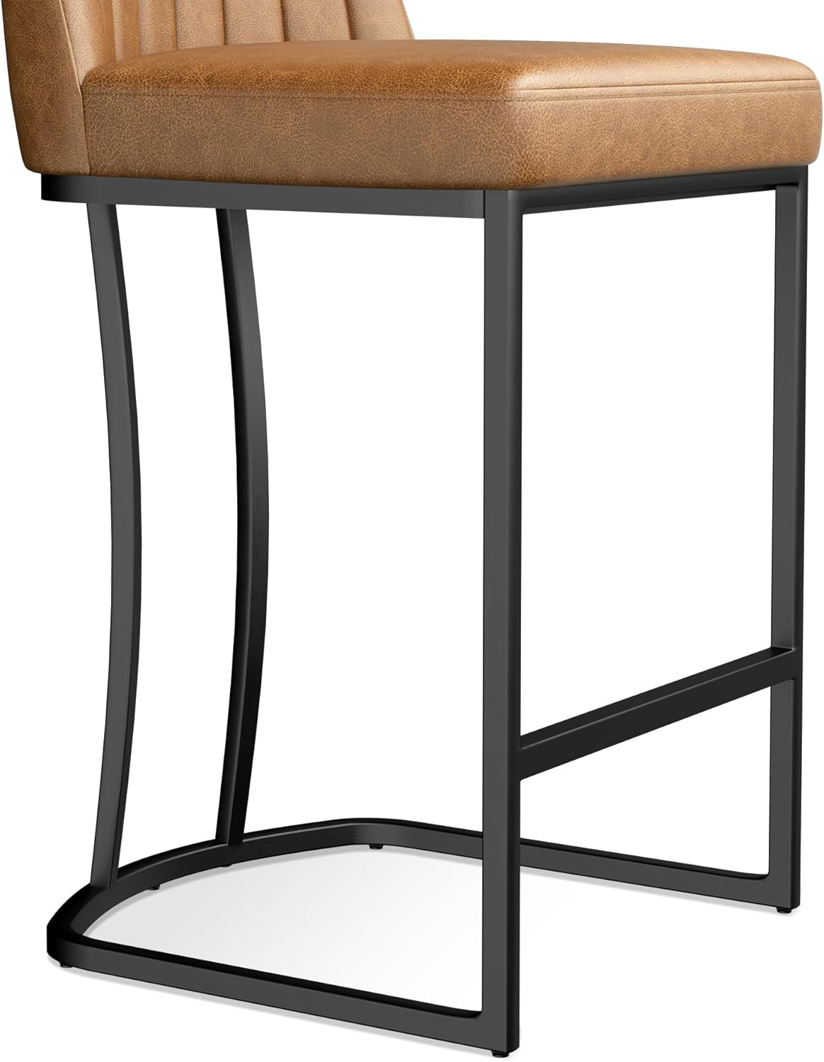 Counter Height Bar Stools Set of 4, Upholstered Leather Barrel Barstools with Back and Metal Legs for Kitchen Island, 27.4" Seat Height, Fabric in Faux Leather, Rustic Brown
