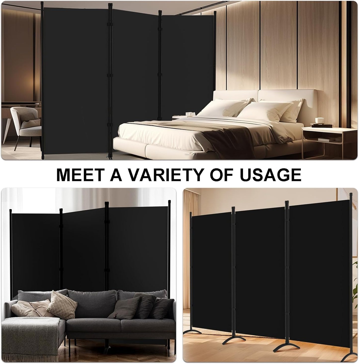 Room Divider 3-Panel Privacy Screen, Portable Screen Steel Frame with Hook&Loop for Home, Office, Classroom, Studio, Meeting (Black