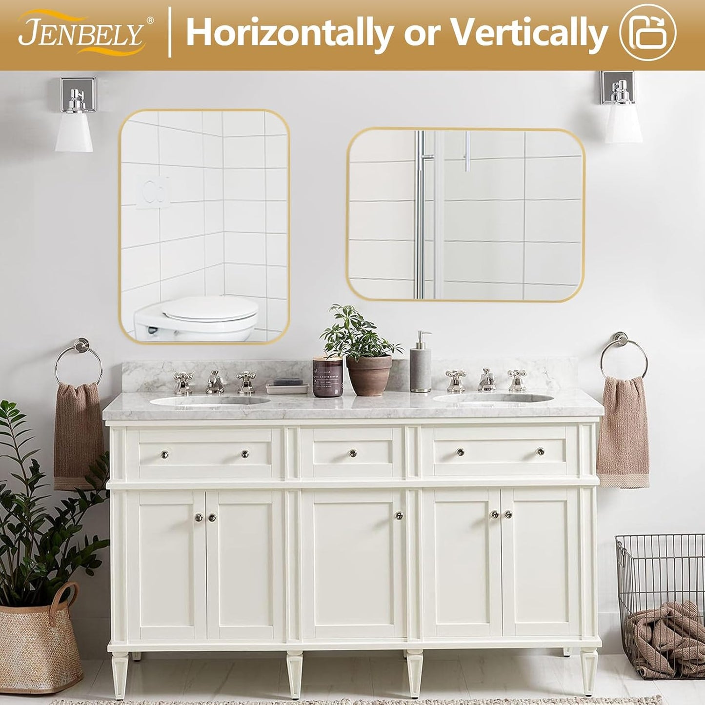 16x24 Inch Gold Bathroom Mirror, Brushed Brass Gold Metal Framed Rectangular Mirror with Rounded Corner, Wall Mounted Vanity Mirror for Bedroom or Living Room, Horizontal/Vertical