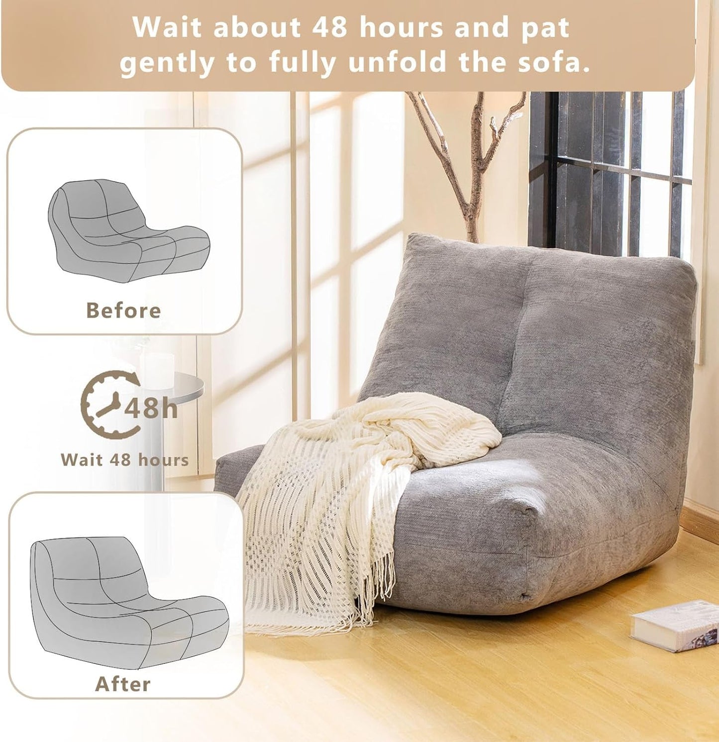 Bean Bag Chairs for Adults, Memory Foam Bean Bag Chair, Spacious Single Sofa, Ergonomic Support Reading Floor Sofa Chair with Filler, Comfy Cozy Beanbag Couch for Bedroom Living Room (Grey)