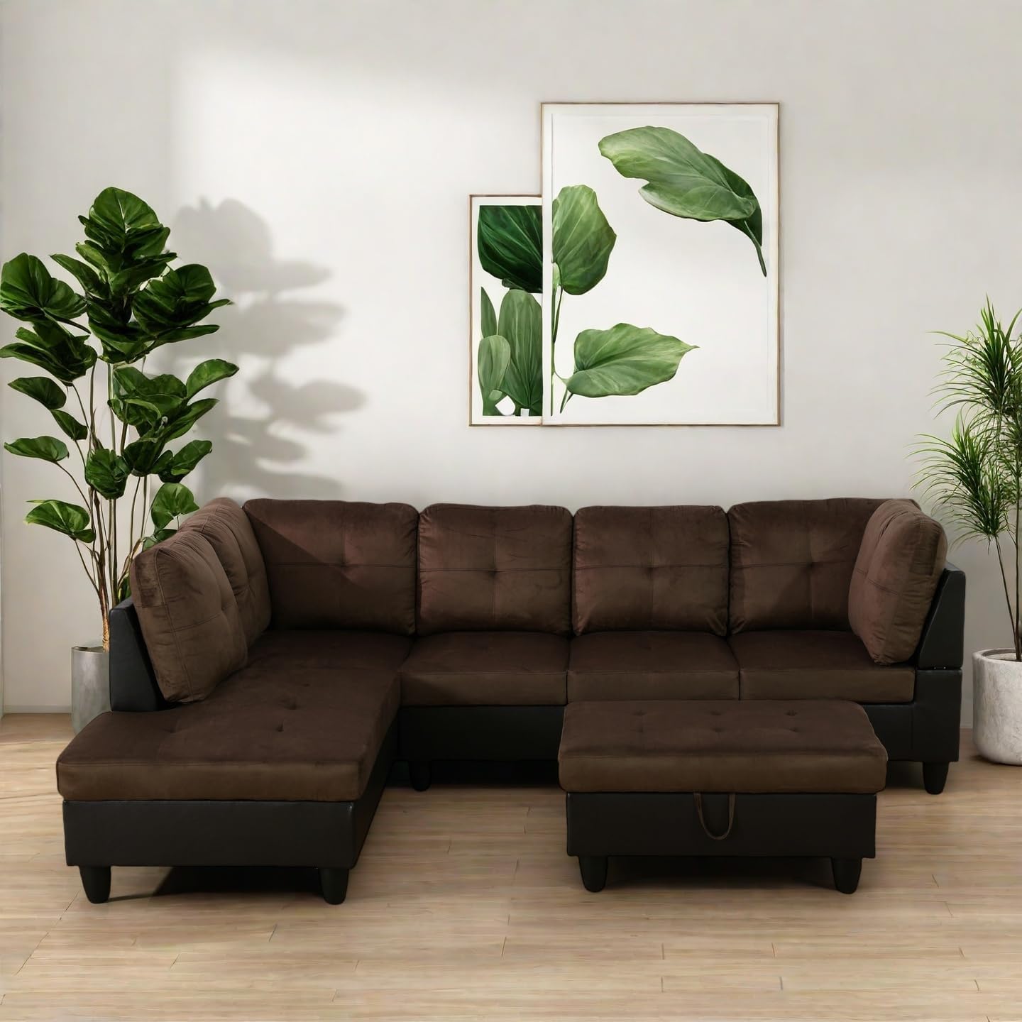 Modern Living Room Furniture Sets with Pillows, Modular Sectional Couches with Chaise Lounge, 4-Seaters L Shape Sofa with Storage Ottoman, for Living Room, Brown