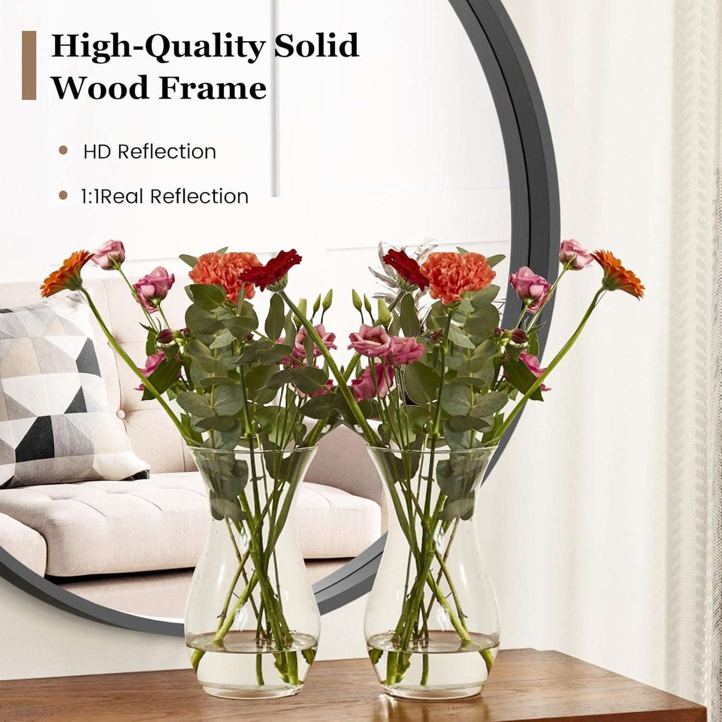 HOMECOOKIN Round Wood Mirror, 31" Round Bathroom Wall Mirror Circle Mirrors for Wall Decor, Vanity, Living Room, Bedroom, Entryway, Black