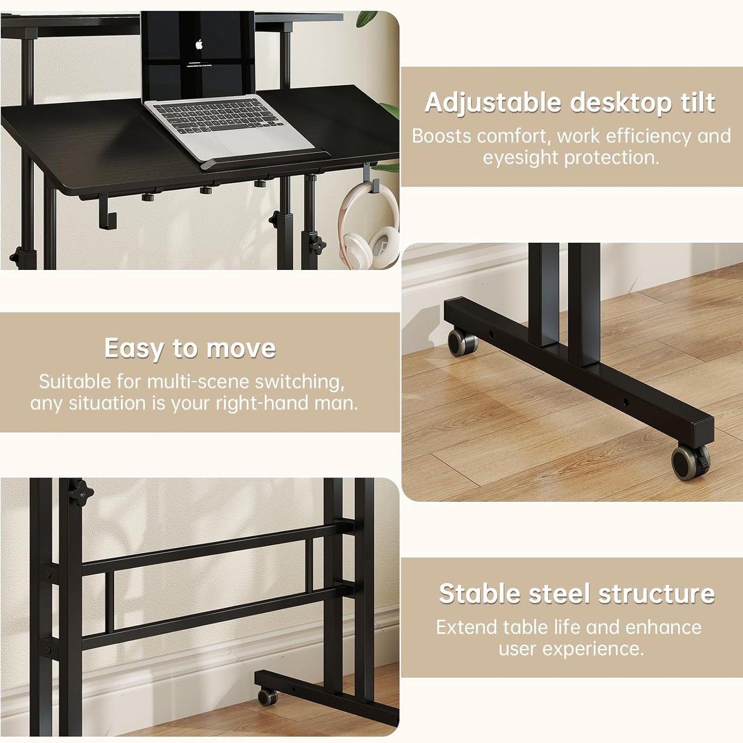 SIDUCAL Portable Standing Desk Adjustable Height, Rolling Computer Desk on Wheels, Mobile Home Office Workstation with USB Ports and Outlets, Laptop Cart for Standing or Sitting, 31.5" x 23.6" Black