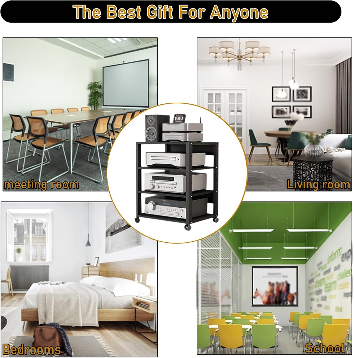 4 Tier Audio Rack Tower, CD Record Player Stereo Receiver AV Equipment Cabinet Display Rack, Weight Capacity 220 lbs, with Adjustable Wooden Shelves for Home (Black, 4tier)