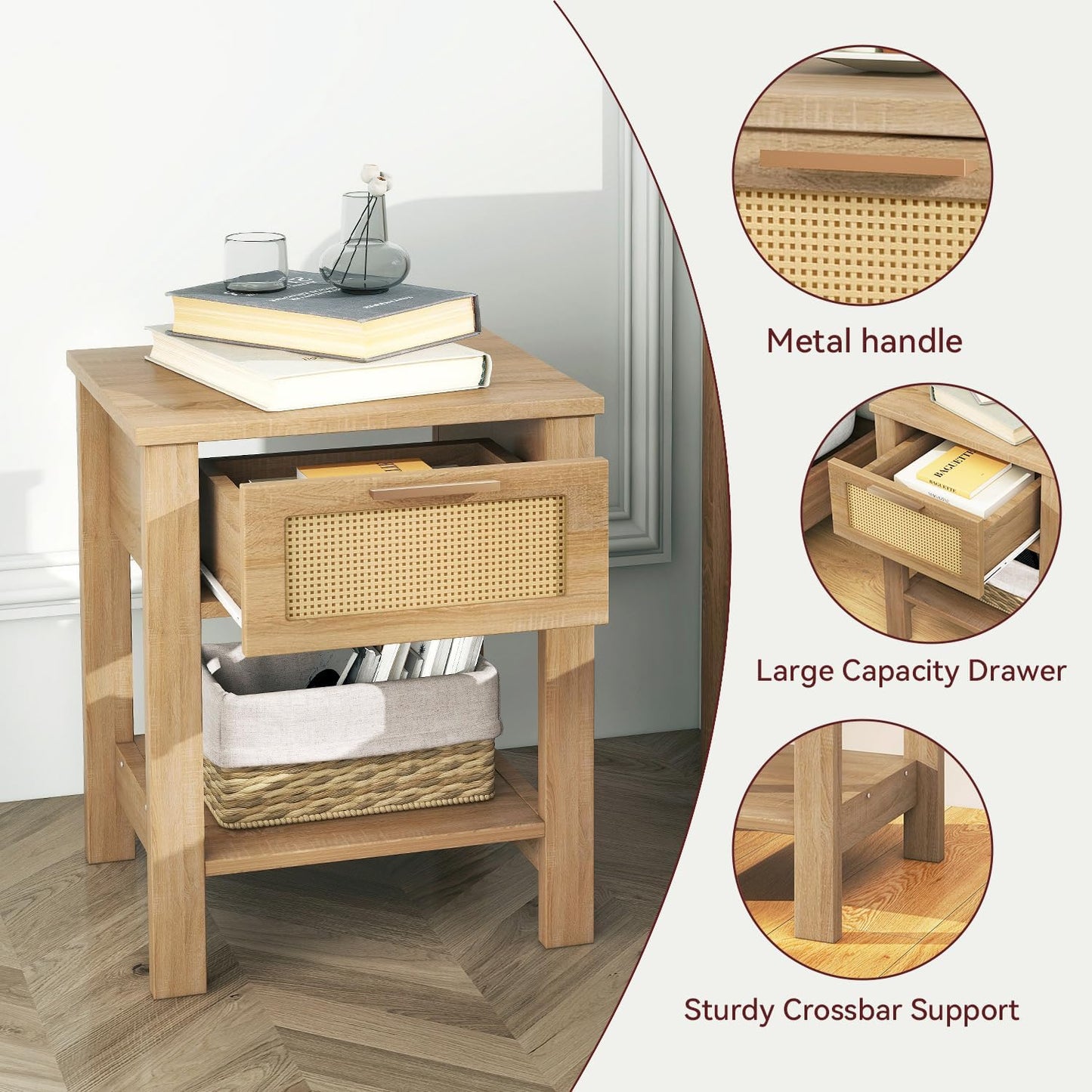IBUYKE Rattan Nightstand, Boho Night Stand with Drawer, Wood Bedside Tables with Storage Shelf, End Table with Legs for Bedroom, Natural UWNS011N