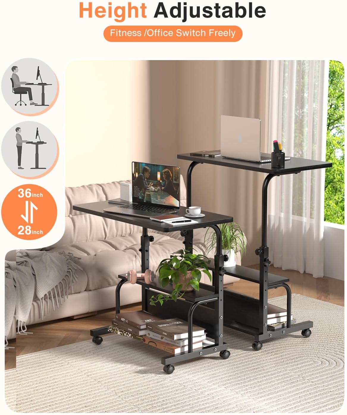 Portable Rolling Desk on Wheels Adjustable Height Desks for Small Spaces, 32" Computer Desk with Storage Shelves for Home Office Black