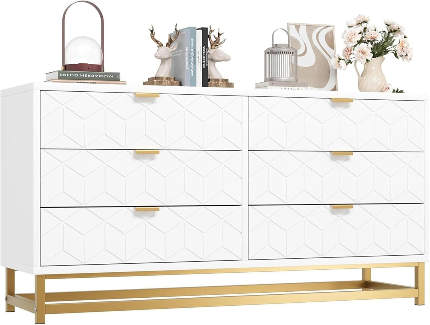 Dresser for Bedroom, 53.5" Large Dresser Organizer, 6 Drawer with Golden Metal Handle and Legs, Modern Chest of Drawers, White Dressers with Drawers for Closet, Hallway, Living Room, Entryway
