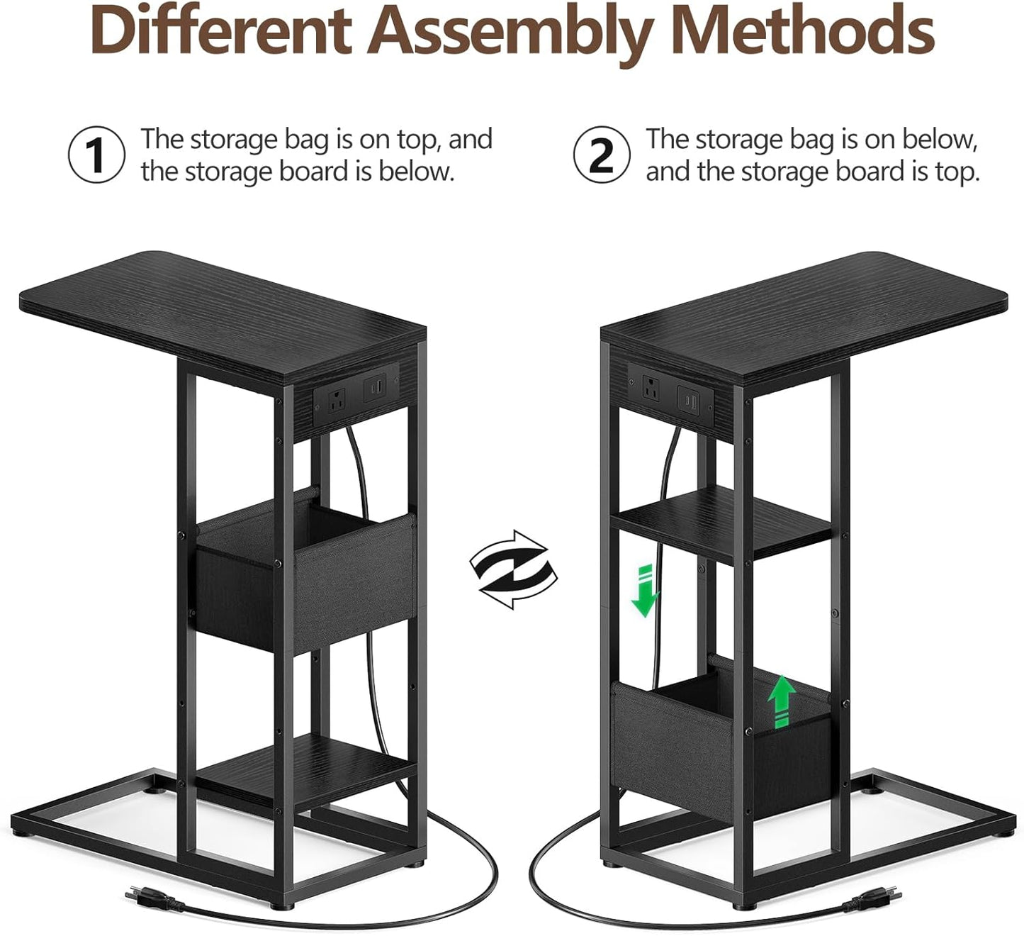 C Shaped End Table with Charging Station, Small Side Table for Couch Recliner, Slide Under Sofa Desk Snack Tables with Storage Bag & AC / USB Outlet, Small Spaces Drink Tables for Living Room, Bedroom