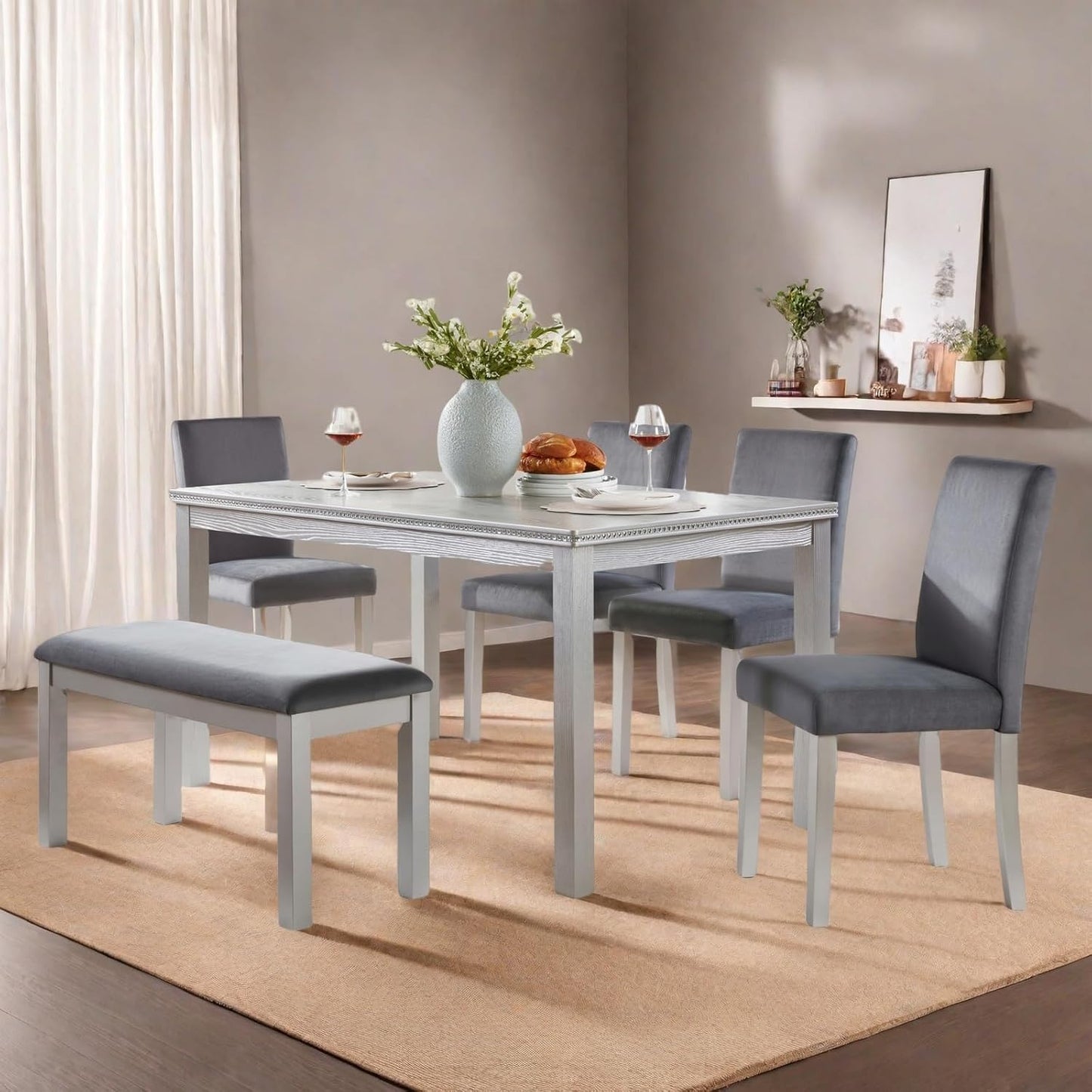 Dining Table Set for 5, 6 Piece Dining Room Table Set with Rectangular Crystal Decoration Table, 4 Upholstered Backrest Chairs and Bench, Counter Height Kitchen Sets with MDF Tabletop, Grey