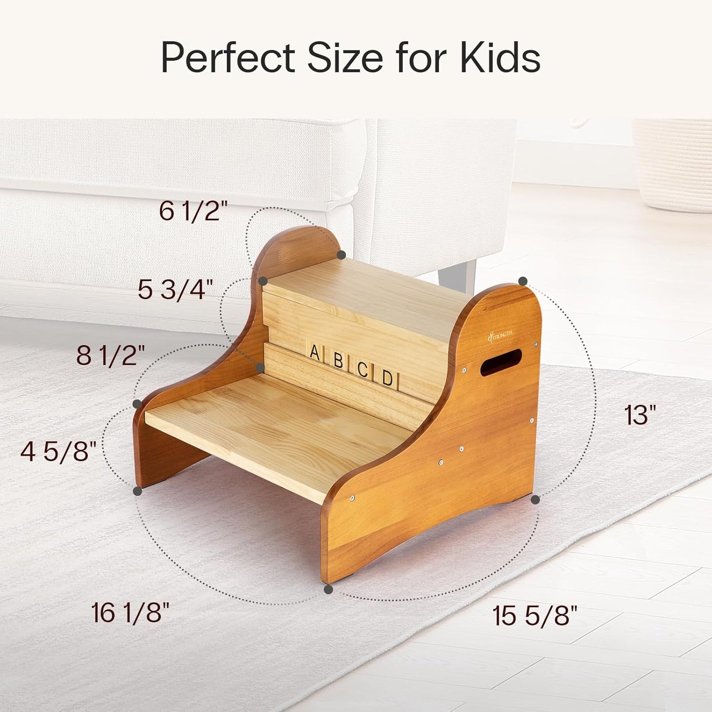 StrongTek Toddler Step Stool with 28 Alphabet Blocks – 2-Step Wooden Stool with Storage, Non-Slip, DIY Name & Drawing on Block Backs for Kids, Ideal for Bathroom, Kitchen & Bedside