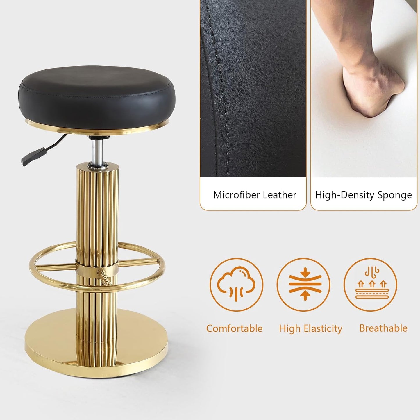 FUNROLUX Gold Bar Stools Adjustable Swivel Counter Stools Modern Backless Counter Height Bar Stools for Kitchen Island with Metal Legs and Upholstered Microfiber Leather (Black)