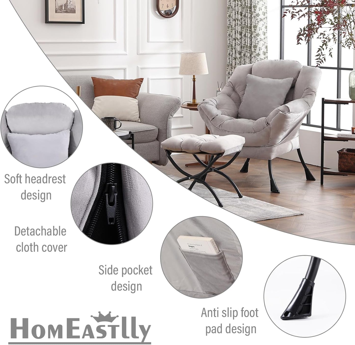 Large Lazy Chair with Ottoman, Accent Reading Chair with a Soft Grey Throw Pillow, Cozy Lounge Chair with Armrest, Leisure Sofa Chair for Living Room, Bedroom, Dorm, Velvet Soft Grey