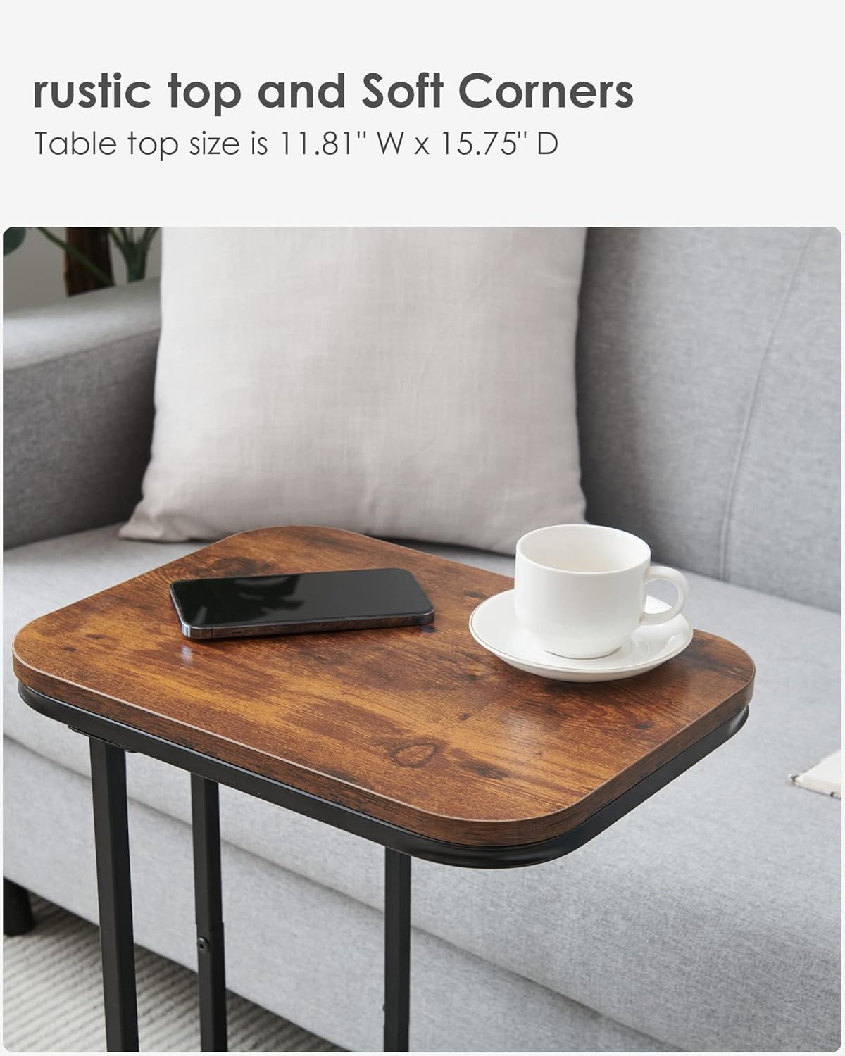 C Shaped End Table, 27 Inches High Small Side Table for Sofa and Bed, Couch Table That Slides Under, Tall Tv Tray Table for Living Room, Bedroom, Metal Frame, Rustic Brown & Black